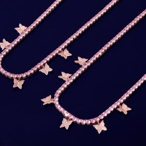 1 Row Flooded Ice Pink Handset Stone 4mm Butterfly Tennis Chain Necklace 