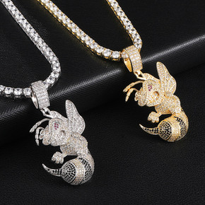 18k Gold .925 Silver Killer Bee AAA Micro Pave Hip Hop Pendan Chain Necklace