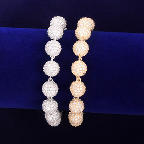 24k Gold .925 Silver 10mm Flooded Ice AAA Micro Pave Ball Round Bead Hip Hop Bracelet