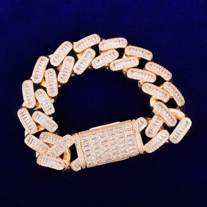 Mens Bling 24k Flooded Ice 20MM Baguette Miami Cuban Link Hip Hop Bracelet Chain