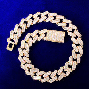 Mens Bling 24k Flooded Ice 20MM Baguette Miami Cuban Link Hip Hop Chains