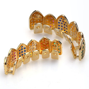 14k Gold 925 Silver Multi Color Rainbow Iced Prong Set Bling Bling Teeth Grillz