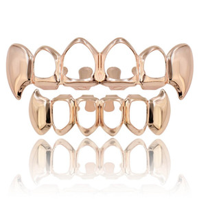 Gold Silver Rose Gold Black Hematite Hip Hop Teeth Fang Hollow Vamp Grill Top & Bottom Set