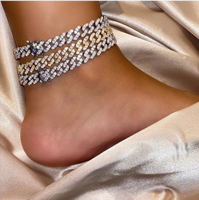 9mm 14k Gold 925 Silver Cuban Link Prong Set Stone Bling Anklet Ankle Bracelet