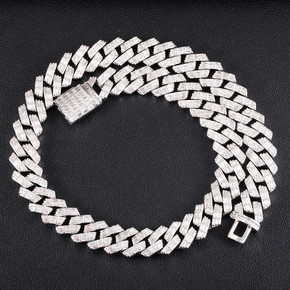 Bust Down 3 Row Baguette Ice Crazy Hip Hop 15MM 18 Inch Cuban Link Chain Necklace