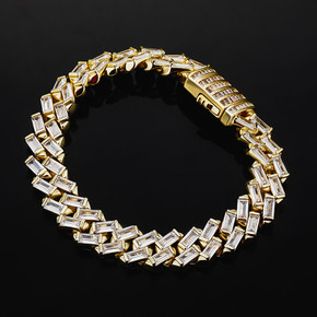 Channel Set 12MM All Baguette Cuban Link Hip Hop White Yellow Gold Bling Bracelet