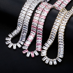 Pink Ice 10mm 14k Gold 925 Silver Baguette Chain Necklace