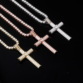 Mens All Baguette Flooded Ice Yellow White Rose Gold Bling Cross Pendant