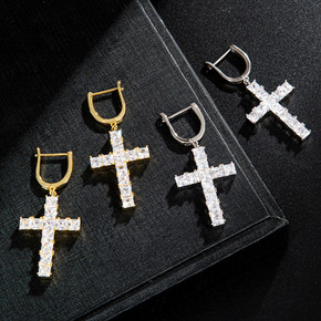 Hip Hop Micro Paved Designer Huggie Cross Flooded Ice Bling Earrings