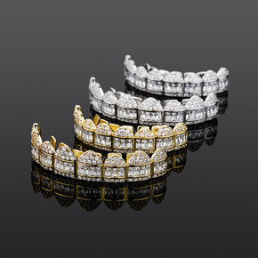 14k White Yellow Gold New Baguette Flooded Ice Bling Hip Hop Teeth Grillz Top & Bottom Set Combo