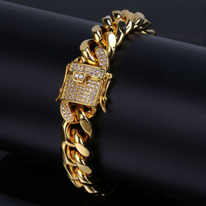 Hip Hop Casual 12mm 14k Gold over Stainless Steel Cuban Chain Bracelet With 1ct  Simulate Diamond Clasp