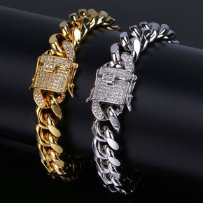 Hip Hop Casual 12mm 14k Gold over Stainless Steel Cuban Chain Bracelet With 1ct Simulate Diamond Clasp