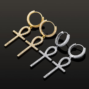 925 Sterling Silver over 14k Gold Original Ankh Cross Huggie Style Bling Earrings