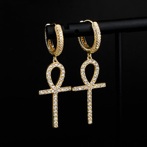 925 Sterling Silver over 14k Gold Original Ankh Cross Huggie Style Bling Earrings 