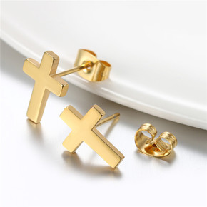 Mens 14k Gold Silver Black Solid No Tarnish Stainless Steel Prayer Cross Earrings