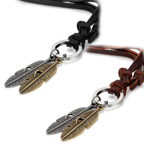 Antique Look Bronze Angel Tribal Feather Stainless Steel Leather Cord Chain Necklace