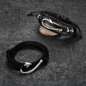 Handmade Genuine Leather Fish Hook Adjustable Casual Mens Bracelets