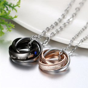 Couples Romantic Lovers Her King His Queen Triple Ring Bling Stainless Steel Chain Necklace