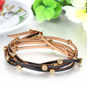 Brown Leather Wrap Cz Stone Multi Layer Winding Vintage Style Bracelet