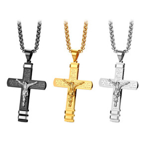 Mens Lords Prayer Layered No Fade Stainless Steel Jesus Crucifix Cross Pendant Chain