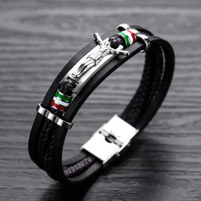 Mens Leather Fashion No Fade Stainless Steel Multi Layer Jesus Cross Mexico Spanish Bracelet