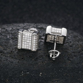 Flooded Ice Genuine Diamond Square Cut Solid Sterling Silver Hip Hop Earrings