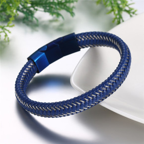 Mens Blue Steel High Fashion Stainless Steel Leather Hip Hop Bracelet