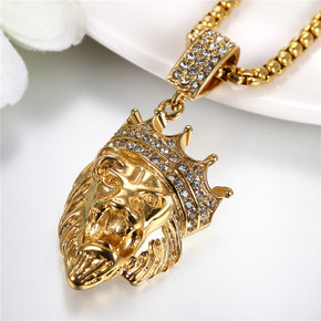 Mens Hip Hop no Fade Stainless Steel King Crown Lion Bling Pendant Chain Necklace