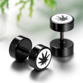 Stainless Steel Leaf Ying Yang Double Sided Screw Back Hip Hop Earrings