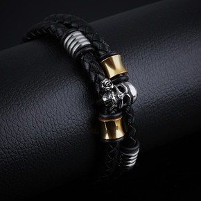 Mens Rose Mouth Skull Pirate Stainless Steel Leather Multilayer Bracelets