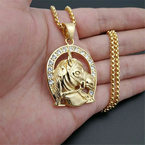 Lucky Horseshoe Horse 18k Gold Stainless Steel No Fade Pendant Chain Necklace