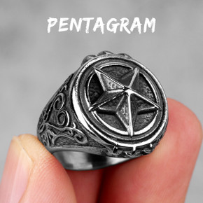 Mens 316L No Fade 3D Raised Pentagram Stainless Steel Street Wear Rings