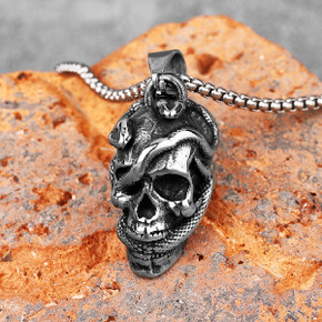 Mens Hip Hop Snake Skull 316L No Fade Stainless Steel Pendant Chain Necklace