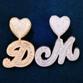 Heart Bail Baguette Stone 18k Gold 925 Initial Letter Bling Pendant Necklaces