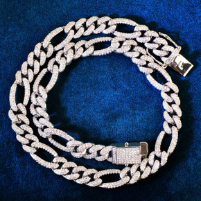 Mens Totally Iced 18k Gold 925 Silver Figaro Blinged Out Chain Necklace