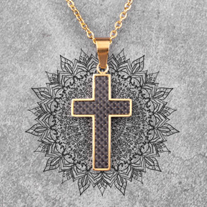 Mens No Fade Stainless Steel Carbon Fiber Black Gold 14k Cross Pendant Chain Necklace