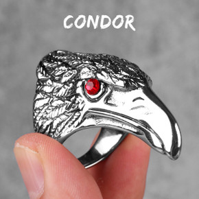 Mens No Fade Stainless Steel Hip Hop Rock Condor Bird Head Gemstone Eye Rings