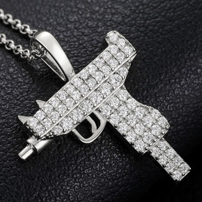 Genuine VVS Lab Diamond 925 Sterling Silver Uzi Machine Gun Hip Hop Chan Necklace