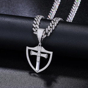 Genuine VVS Lab Diamond Shield Of Faith Cross Solid Sterling Silver Hip Hop Chains