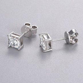 Solid Sterling Silver VVS Diamond Princess Cut 1ct Prong Set Stud Earrings