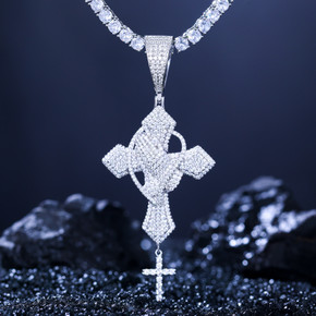 Mens VVS Genuine Diamond Prayer Hands Holding Rosary Hip Hop Cross Chain Pendant