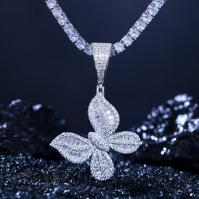 Ladies Delicate Butterfly Genuine VVS Diamond Baguette Solid 925 Iced Blinged Out Pendant