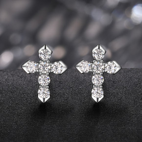 Genuine VVS Diamond Solid Sterling Silver Iced Blinged Out Cross Earrings