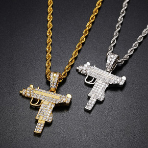 Solid 925 Sterling Silver UZI Machine 5A Diamond Simulate Hip Hop Pendant Chain