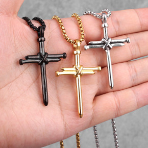No Fade Stainless Steel 14k Gold Black Rugged Jesus Nail Cross Pendant