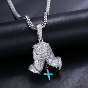 Mens Flooded Ice Genuine VVS Diamond Solid Sterling Silver Prayer Hands Cross Pendant