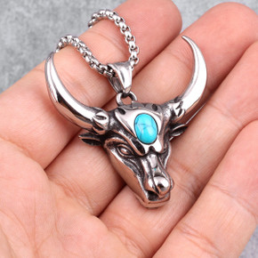 Mens 316L Solid Stainless Steel Turquoise No Fade Bull Head Pendant Chain Necklace