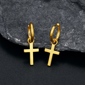 18k Gold Over Genuine Solid 925 Sterling Silver Huggie Hoop Cross Dangling Earrings