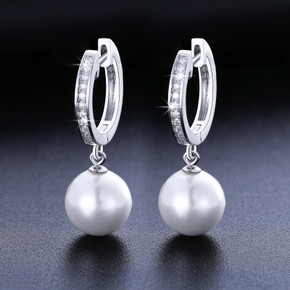 Genuine VVS Diamond Solid Sterling Silver Pearl Drop Dangle Bling Bling Earrings