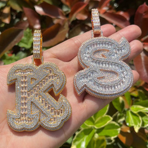 Mens Flooded Ice Custom Large Baguette Letter Initial Hip Hop Pendants